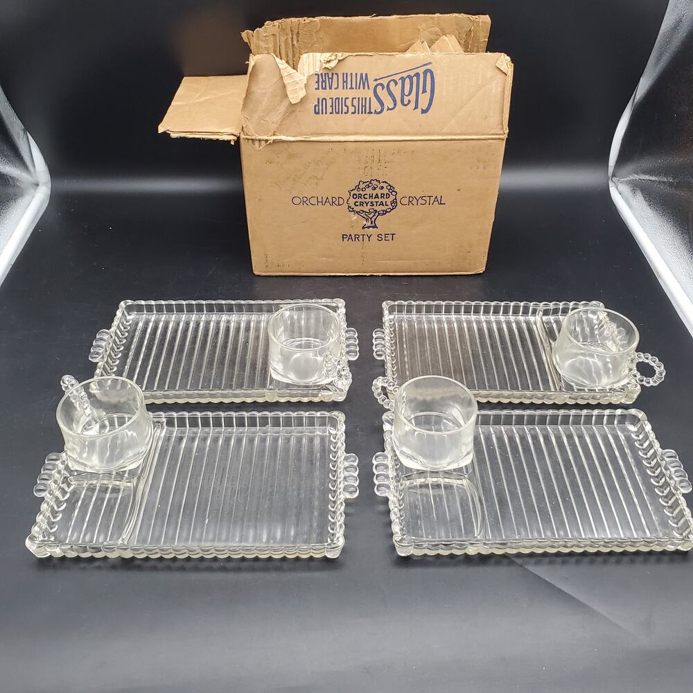 Vintage Orchard Crystal Party Set Plate Cup Sets NOS Original Box Set of 4